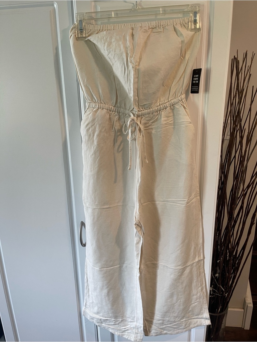 Express Cream Strapless Drawstring Jumpsuit